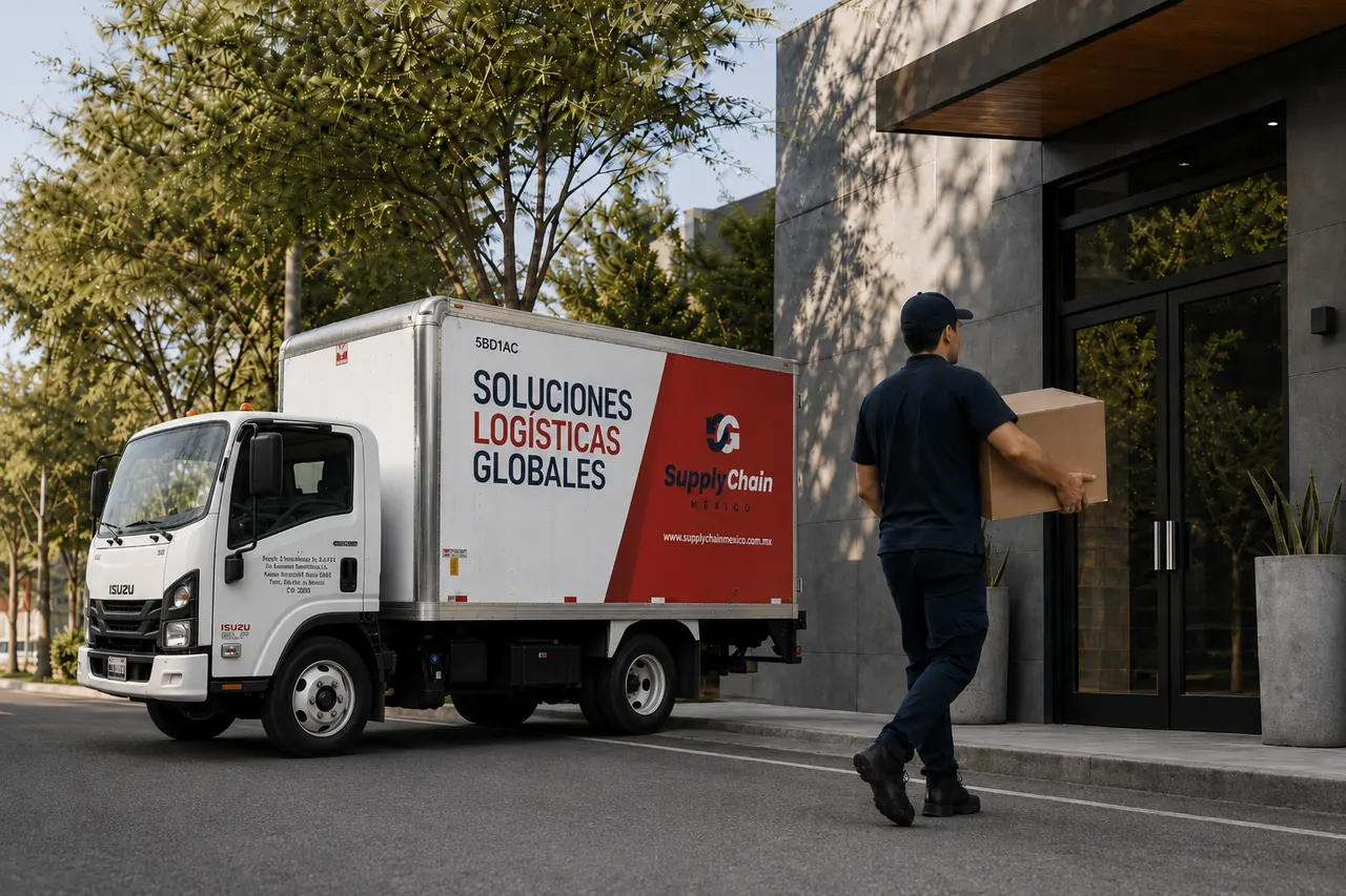 Repartidor de Supply Chain México entregando un paquete junto a unidad rotulada